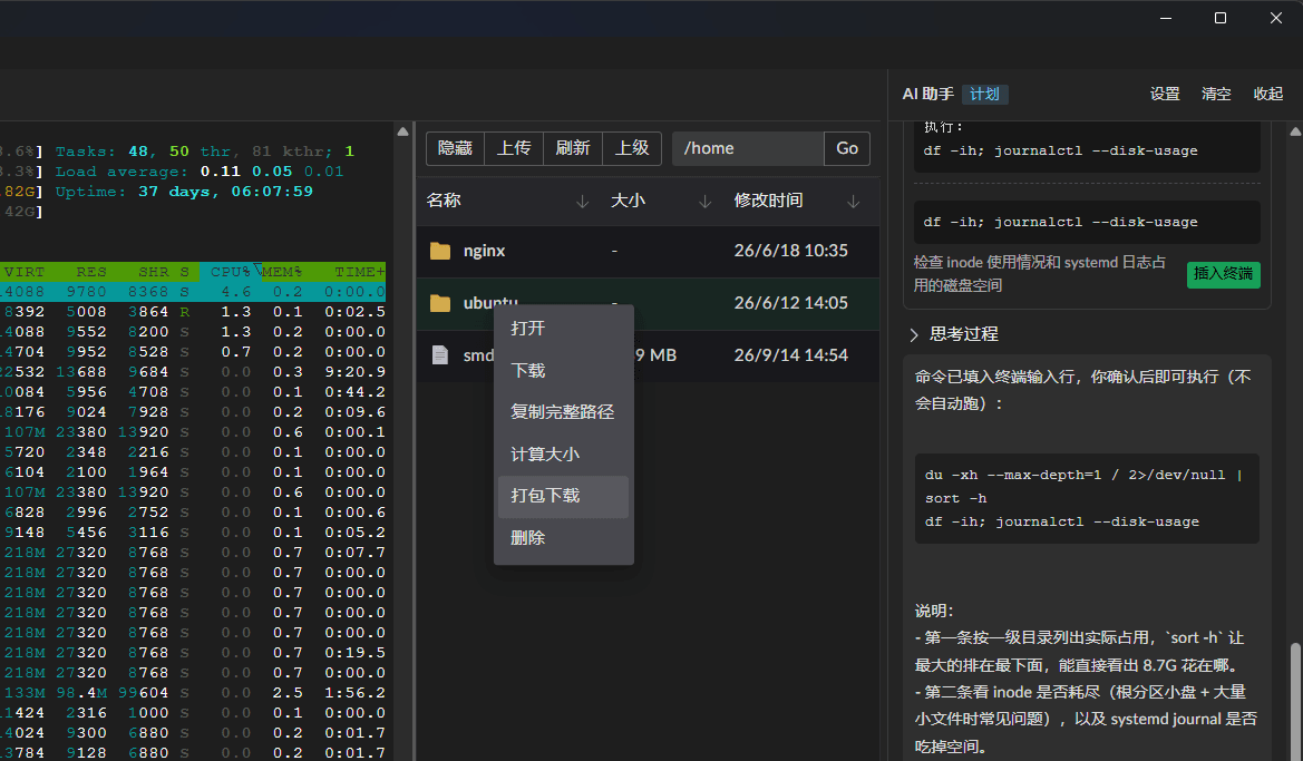 文件面板中的目录打包下载操作。